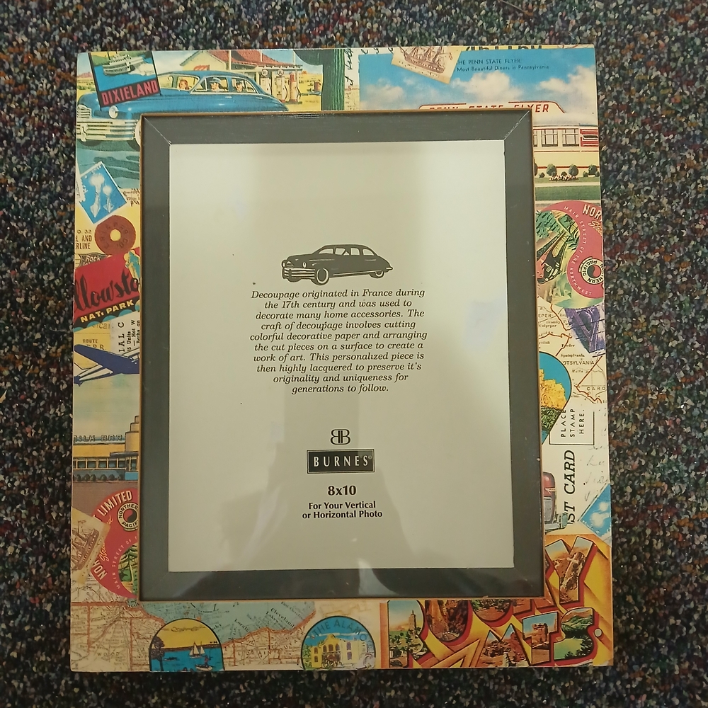 Retro Travel-Themed Picture Frame with Gray Border